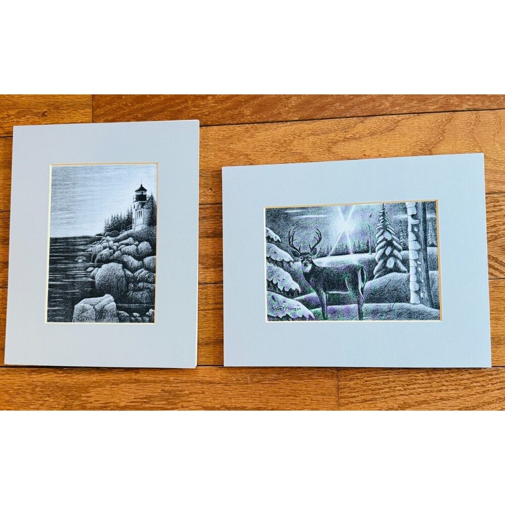 2 Drawings Of WILD BUCK and LIGHTHOUSE Graphite Pencil Art Picture Prints Matted